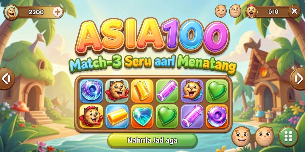 Screenshot utama ASIA100 menunjukkan aksi gameplay Match-3 yang seru.