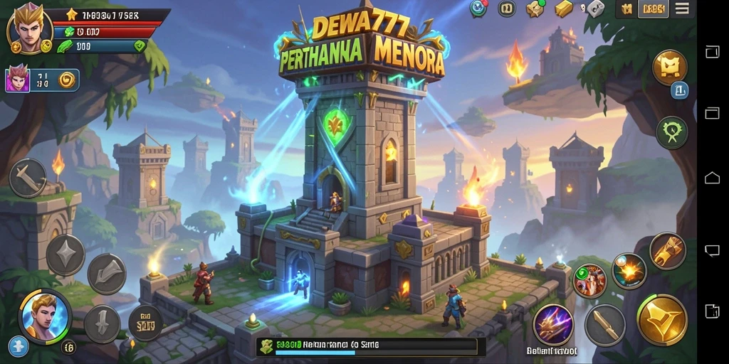 Tampilan gameplay DEWA777 dengan menara yang siap bertahan dari serangan musuh.