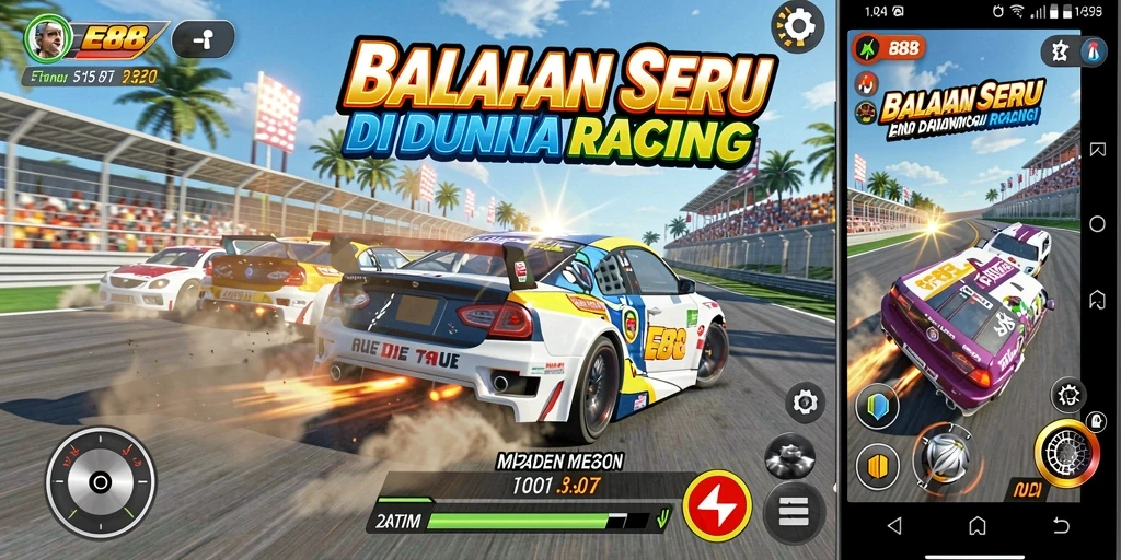 Tampilan seru dari gameplay E88 saat balapan di lintasan menantang.