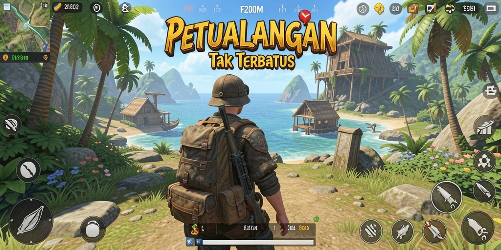 Gameplay F200M yang menampilkan petualangan di dunia terbuka yang luas.