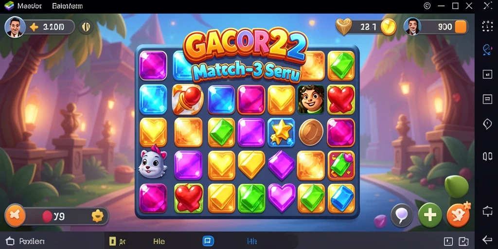 Screenshot GACOR22 menampilkan gameplay seru Match-3 dengan permata berwarna-warni.