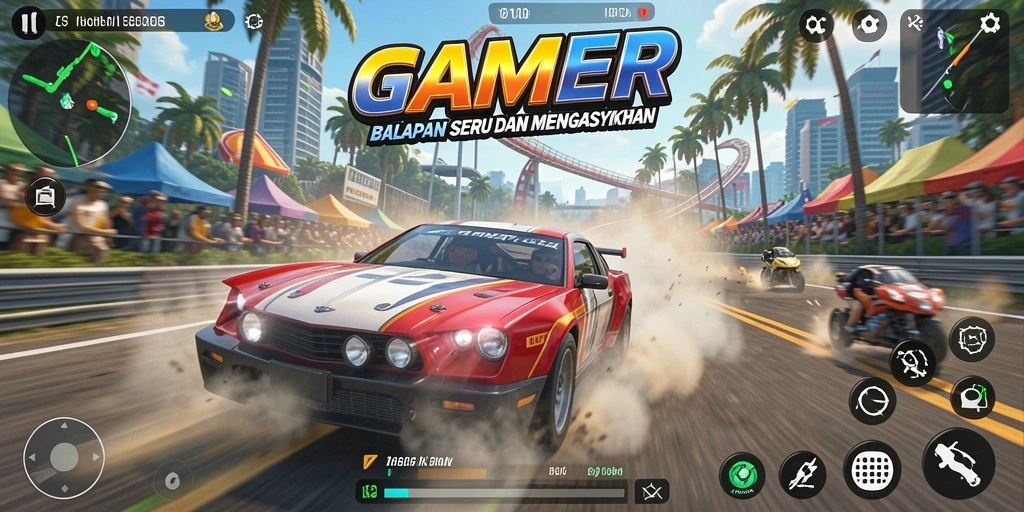Tampilan gameplay seru dari GAMERP dengan mobil balap yang berkualitas tinggi.