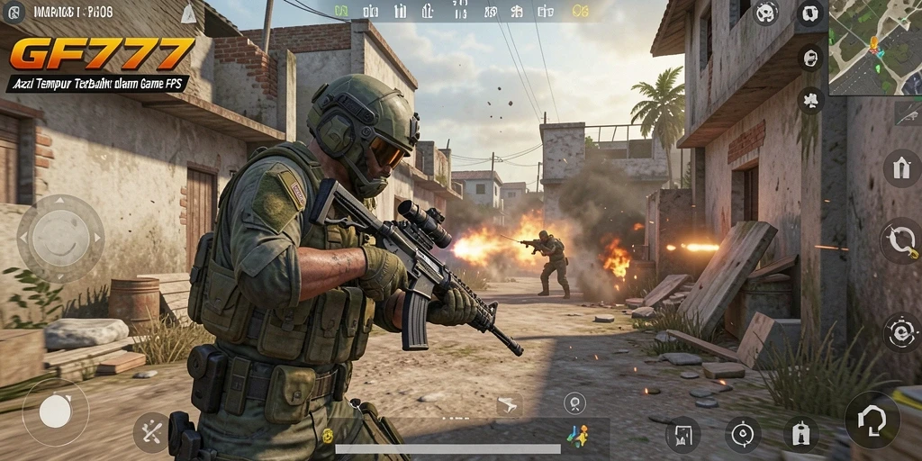 Screenshot GF777 menampilkan aksi intens dalam pertempuran FPS yang seru.