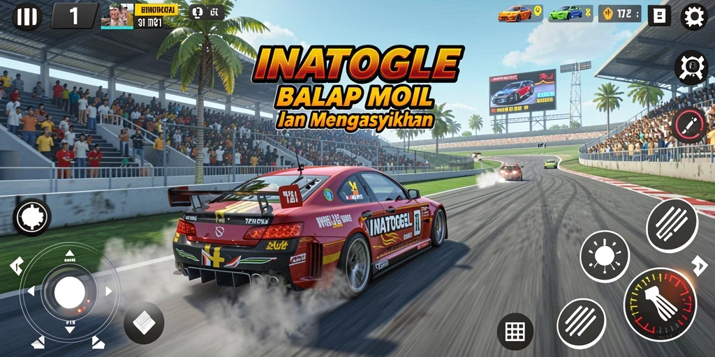 Screenshot gameplay INATOGEL menampilkan mobil balap di lintasan yang menegangkan.