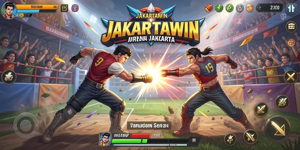 Tangkapan layar gameplay JAKARTAWIN menampilkan aksi pertarungan yang intens.