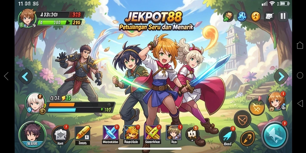 Tampilan gameplay seru dengan karakter anime beraksi.