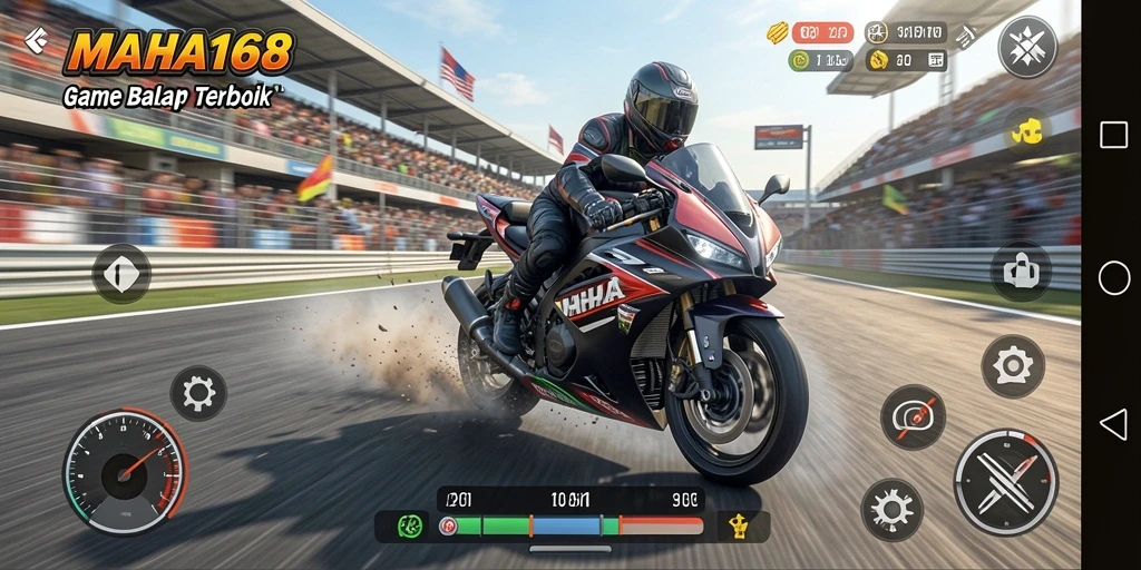 Tampilan gameplay yang mendebarkan dari MAHA168 saat balapan motor.