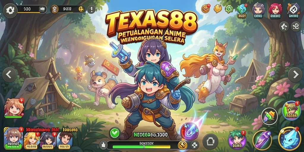 Tampilan gameplay seru dari TEXAS88 dengan karakter anime yang kaya.